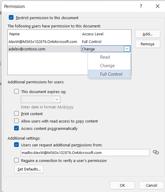 El cuadro de diálogo más opciones de la configuración de IRM muestra opciones adicionales para controlar el acceso a un archivo.