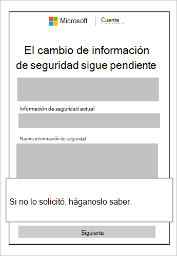 Captura de pantalla de información de seguridad pendiente y un globo que muestra cancelar esta solicitud