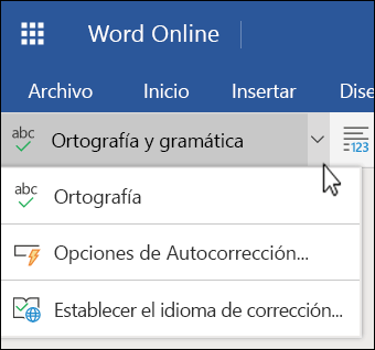 Lista de opciones de Ortografía y gramática, expandida, en Word Online