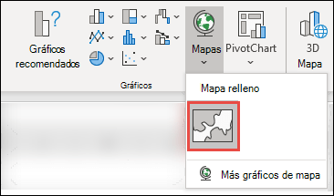 Para insertar un gráfico de mapa, seleccione cualquier celda dentro del rango de datos y, a continuación, vaya a Insertar > gráficos > Mapas > seleccione el icono Mapa relleno.