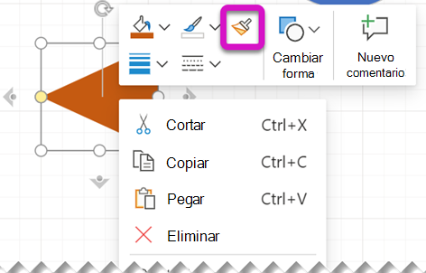 Al hacer clic con el botón derecho en una forma, la barra de herramientas flotante incluye la herramienta Copiar formato.