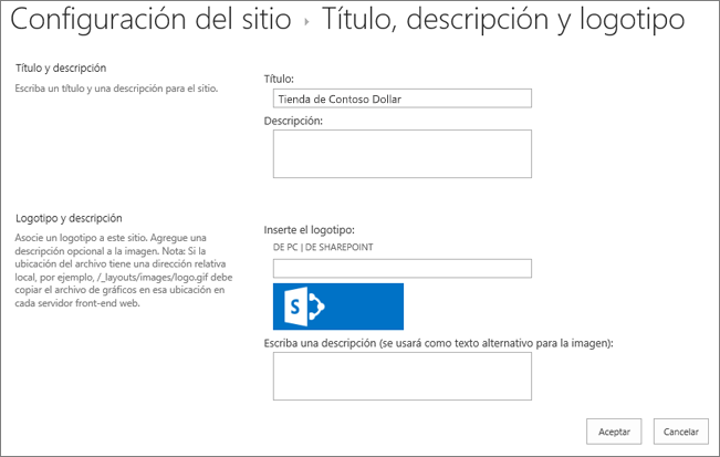 Página de título, descripción y configuración del logotipo