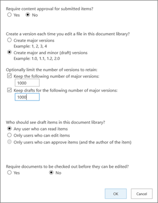 Opciones de configuración de biblioteca en SharePoint Online, que muestran el control de versiones habilitado