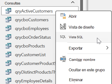 Opciones del menú contextual mostradas desde un objeto de consulta en una base de datos de Access con la opción Vista SQL seleccionada