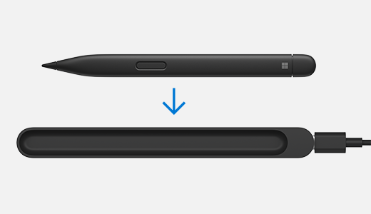 Un Surface Slim Pen 2 con una flecha que apunta al cargador Surface Slim Pen.