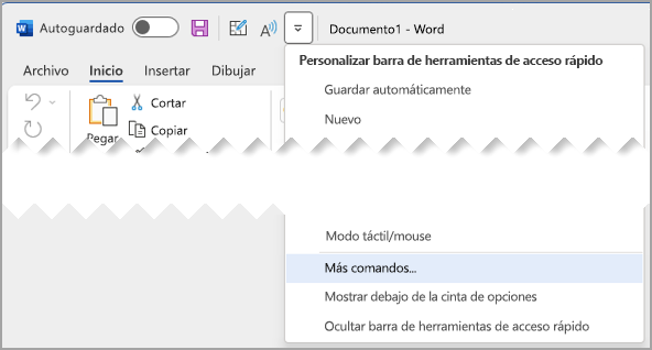 Personalizar la barra de herramientas de acceso rápido con más comandos resaltados