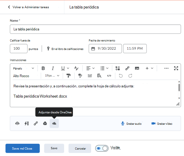 Adjunte un documento de OneDrive a un Editor de tareas de Brightspace con la barra de vínculo rápido.