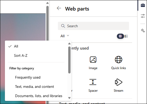 Filtrar los elementos web en el nivel 2 del cuadro de herramientas