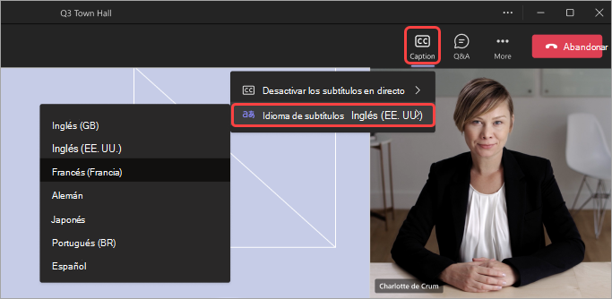 Captura de pantalla que destaca la interfaz de usuario para que los asistentes cambien el idioma de los subtítulos traducidos en una asamblea