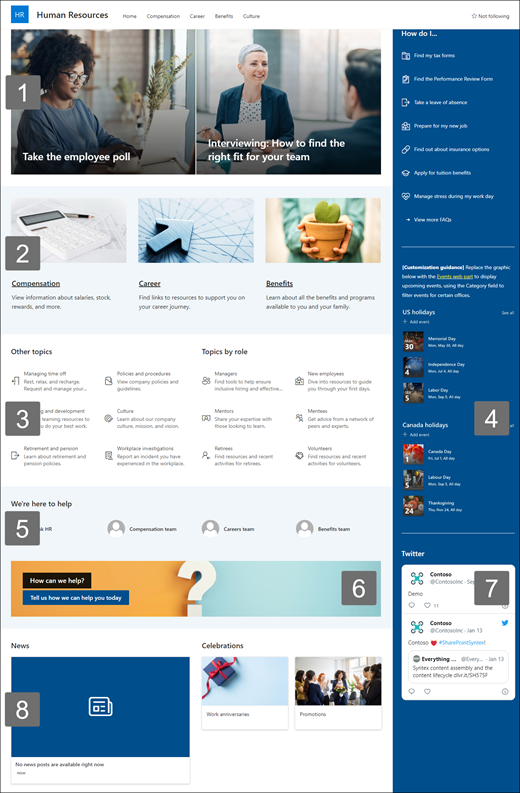 Vista previa de la plantilla de sitio Administración de contratos resaltando los elementos web disponibles.
