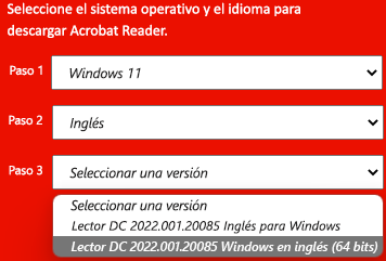 Ventana que muestra la lista desplegable de versiones de instalación de Adobe.