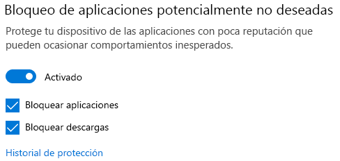 El control de bloqueo de aplicaciones potencialmente no deseado de Windows 10.
