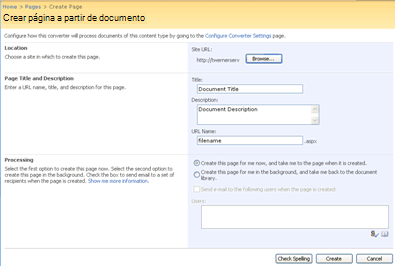 Página Crear página a partir de documento en Office SharePoint Server 2007