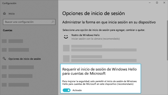 La opción de usar Windows Hello para iniciar sesión en cuentas de Microsoft activada.
