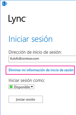 Inicio de sesión de Lync con botón de eliminar información de inicio de sesión resaltado