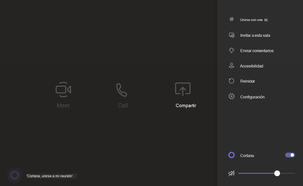 Imagen que muestra la pantalla que verá un usuario cuando se una a una reunión de Cortana en Teams con las opciones "reunirse", "llamar" y "compartir".