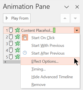 El comando Opciones de efectos le permite establecer opciones para el efecto de animación seleccionado.
