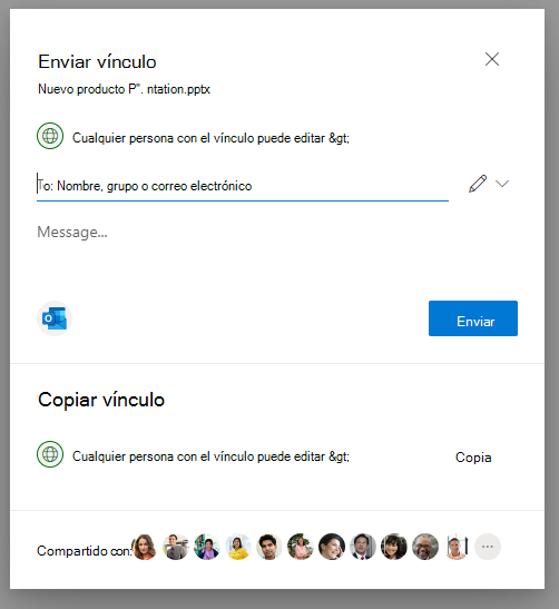 Captura de pantalla de la página Configuración de vínculo en el elemento emergente Compartir en OneDrive