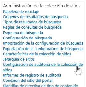 Configuración de auditoría de la colección de sitios seleccionada en el cuadro de diálogo Configuración del sitio.