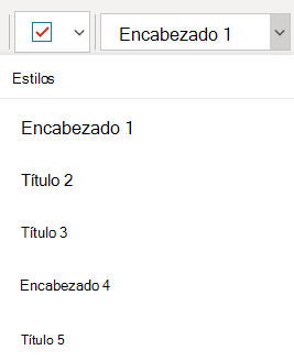 El menú Estilos muestra diferentes estilos de título en OneNote para Windows 10.