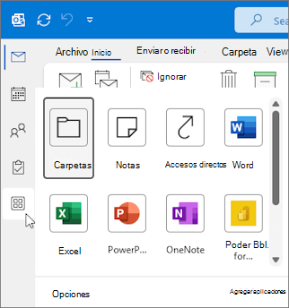 El menú flotante Más aplicaciones en Outlook para Windows.