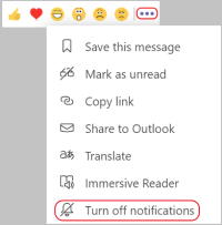 Captura de pantalla del menú más opciones en una conversación de canal. Una línea roja rodea la configuración de la notificación de desactivación.