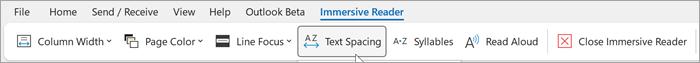 Captura de pantalla de la cinta de opciones del lector inmersivo en la versión de escritorio de Outlook. Las opciones de izquierda a derecha son ancho de columna, color de página, foco de línea, espaciado de texto, sílabas, lectura en voz alta, cerrar lector inmersivo