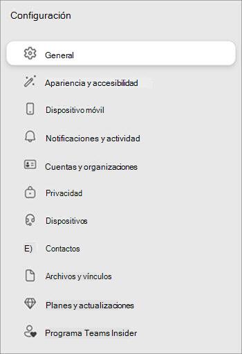 Lista de opciones de configuración con iconos y nombres