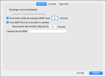Configuración del servidor de cuentas IMAP en Outlook 2016 para Mac