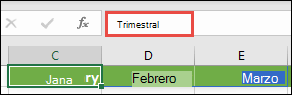 Use una constante de matriz con nombre en una fórmula, como =Trimestre1, donde Trimestre1 se ha definido como ={"enero","febrero","marzo"}