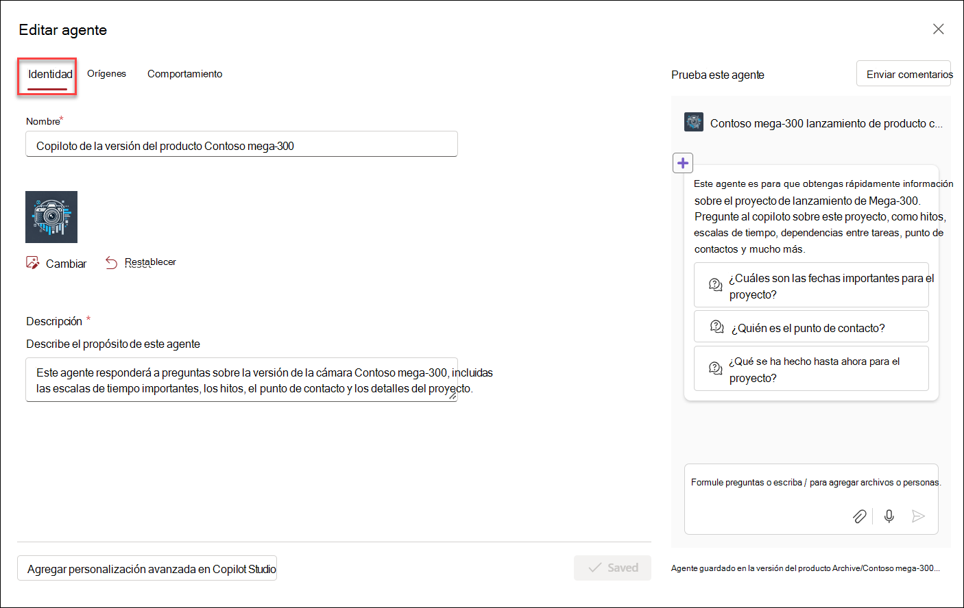 captura de pantalla de la interfaz de usuario de inicio para editar un agente de copilot