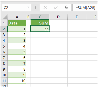Operador de rango desbordado para hacer referencia a rangos de matriz desbordados completos con =SUMA(A2#).