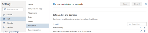 Captura de pantalla que muestra el Área de remitentes seguros de la configuración de Correo electrónico no deseado en correo en Configuración de Outlook.com.