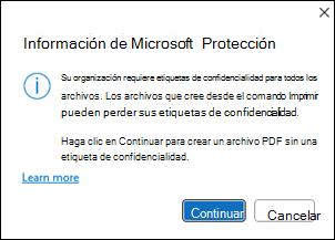 Ventana Crear PDF de Protección de información de Microsoft