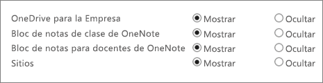 Una lista de OneDrive para la Empresa, Bloc de notas de clase de OneNote, Bloc de notas para docentes de OneNote y Sitios, con botones para mostrar u ocultar.