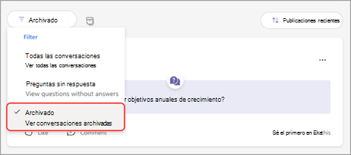 Captura de pantalla del menú desplegable filtro Q&A, con archivado resaltado.