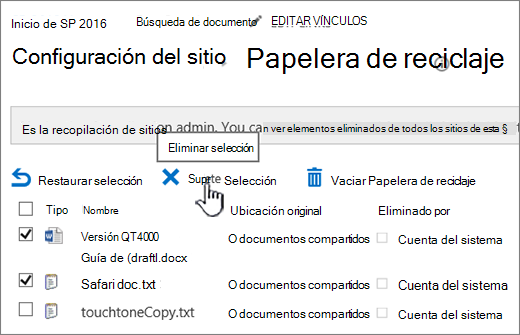 Botón Eliminar de la página de reciclaje de SharePoint 2016 resaltado