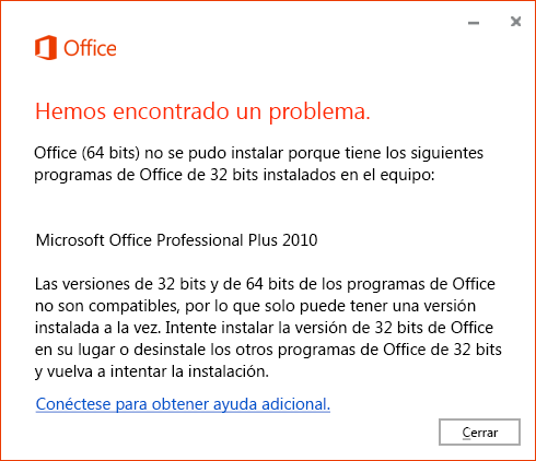 No se puede instalar Office de 64 bits sobre Office de 32 bits