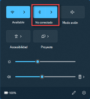 El botón Bluetooth en estado "No conectado" en Configuración rápida.