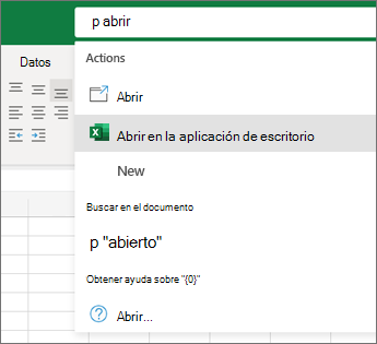 Selección en Excel de abrir en la aplicación de escritorio