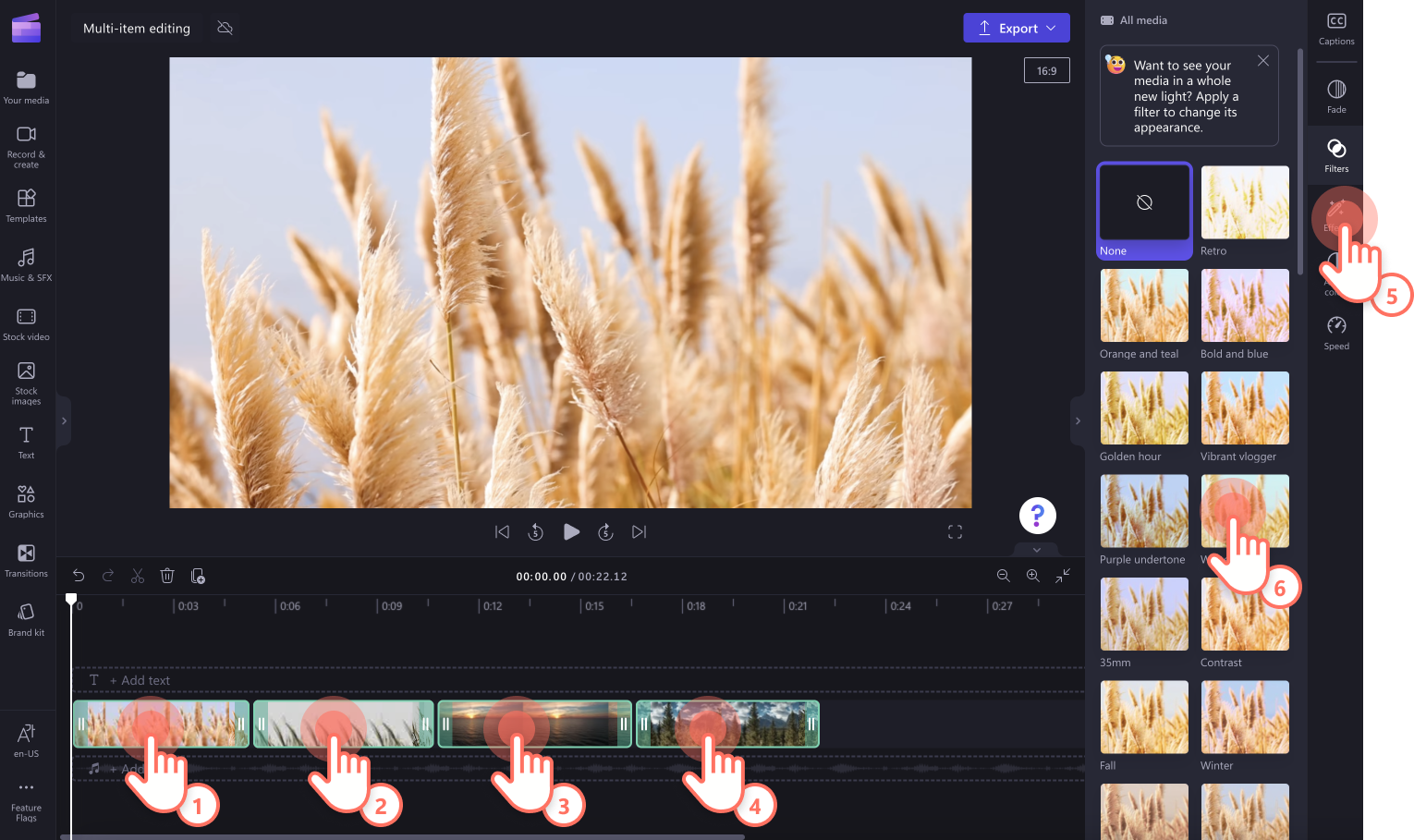 Imagen de un usuario manteniendo presionada la tecla Mayús y haciendo clic en varios clips de vídeo en la escala de tiempo para agregar filtros.