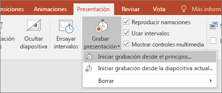 Muestra el botón Grabar presentación con diapositivas en PowerPoint.