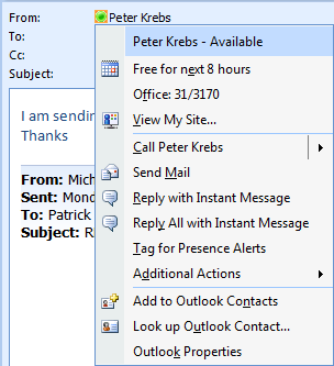 Menú de contactos de Lync 2010 en un mensaje de correo electrónico de Outlook 2007