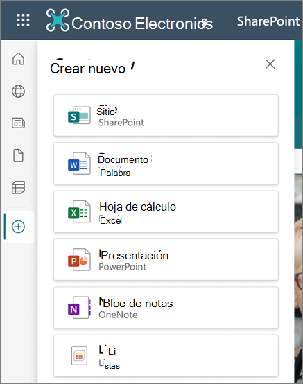 Captura de pantalla del comando Crear en la barra de la aplicación de SharePoint