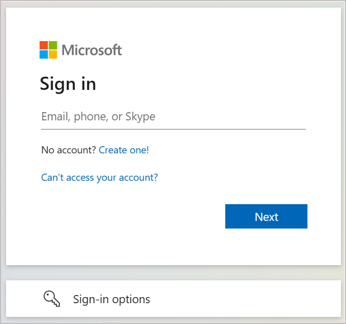 Captura de pantalla que muestra el cuadro de diálogo de inicio de sesión en el que escribes el correo electrónico o el número de teléfono asociados a tu cuenta de Microsoft.