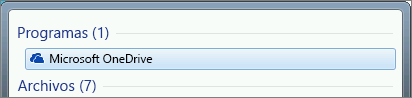 Captura de pantalla de búsqueda de la aplicación de escritorio de OneDrive en Windows 7