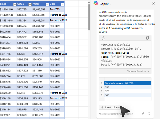 Recorte de pantalla de cómo insertar y agregar una columna de fórmula a una tabla con Copilot en Excel.