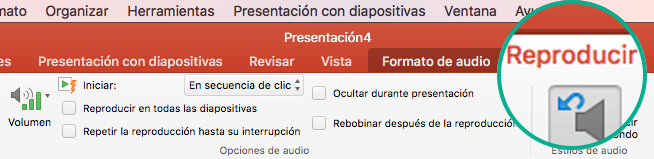 Al seleccionar un clip de audio en una diapositiva, se muestra la pestaña Reproducción en la cinta de opciones de la barra de herramientas para establecer opciones de reproducción.