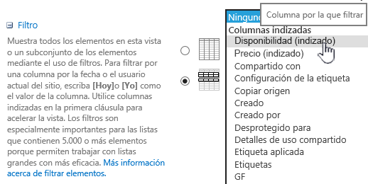 En SharePoint Online, seleccione un campo indexado