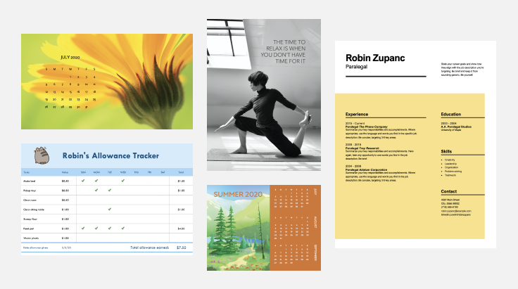 calendarios, un curriculum vitae y un póster